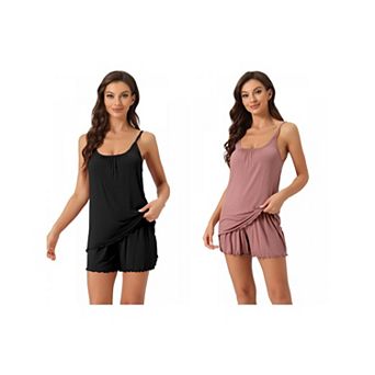 2 Sets Women's Loungewear Solid Color Ruffle Trim Camisole Tops with Shorts Pajama Sets