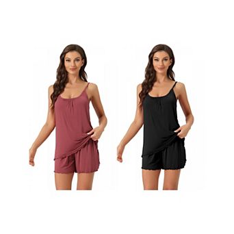 2 Sets Women's Loungewear Solid Color Ruffle Trim Camisole Tops with Shorts Pajama Sets