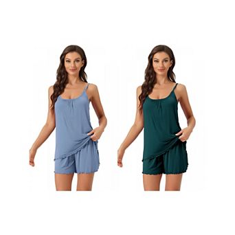 2 Sets Women's Loungewear Solid Color Ruffle Trim Camisole Tops with Shorts Pajama Sets