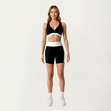 Women's V-Neck Cross Front Colorblock Sports Bra with Wide Straps and Supportive Elastic Band