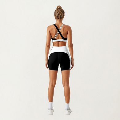 Women's V-Neck Cross Front Colorblock Sports Bra with Wide Straps and Supportive Elastic Band