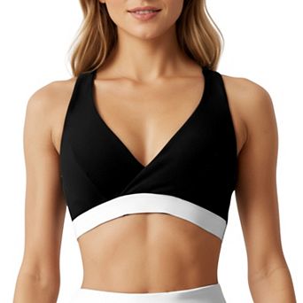 Women's V-Neck Cross Front Colorblock Sports Bra with Wide Straps and Supportive Elastic Band