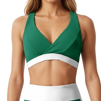 Women's V-Neck Cross Front Colorblock Sports Bra with Wide Straps and Supportive Elastic Band