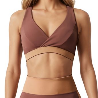 Women's V-Neck Cross Front Colorblock Sports Bra with Wide Straps and Supportive Elastic Band
