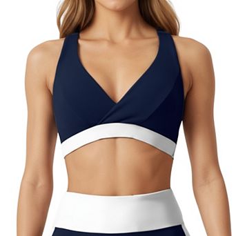 Women's V-Neck Cross Front Colorblock Sports Bra with Wide Straps and Supportive Elastic Band