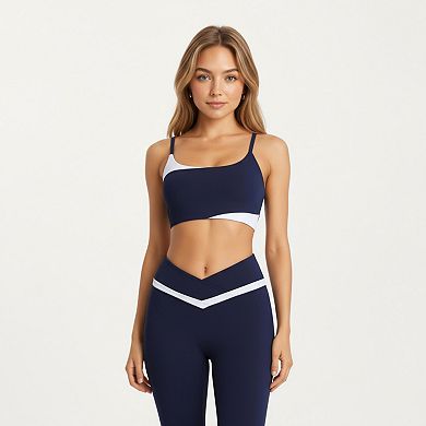 Women's Asymmetrical Neck Colorblock Sports Bra with Strap Design and Stretch Fit Fabric
