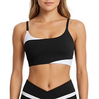 Women's Asymmetrical Neck Colorblock Sports Bra with Strap Design and Stretch Fit Fabric