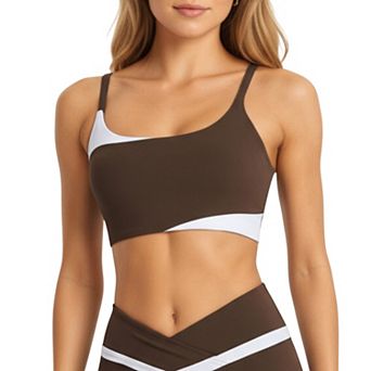 Women's Asymmetrical Neck Colorblock Sports Bra with Strap Design and Stretch Fit Fabric