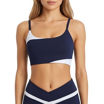 Women's Asymmetrical Neck Colorblock Sports Bra with Strap Design and Stretch Fit Fabric