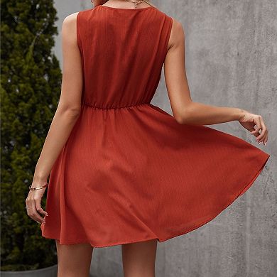 Women's Sleeveless Mini Dress with V-Neckline Front Buttons and Elastic Waist