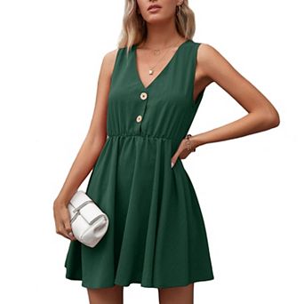 Women's Sleeveless Mini Dress with V-Neckline Front Buttons and Elastic Waist