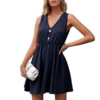 Women's Sleeveless Mini Dress with V-Neckline Front Buttons and Elastic Waist