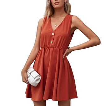 Women's Sleeveless Mini Dress with V-Neckline Front Buttons and Elastic Waist