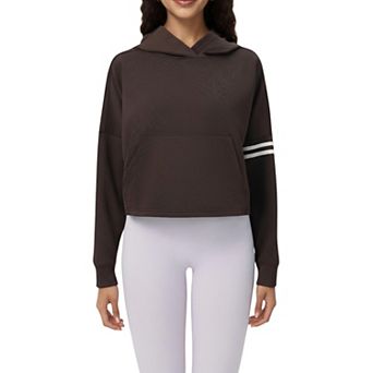 Women's Long Sleeve Cropped Hoodie with Kangaroo Pocket and Striped Sleeve Detail
