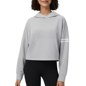 Women's Long Sleeve Cropped Hoodie with Kangaroo Pocket and Striped Sleeve Detail