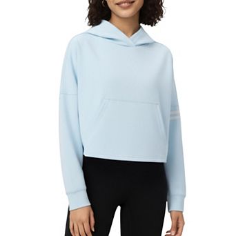 Women's Long Sleeve Cropped Hoodie with Kangaroo Pocket and Striped Sleeve Detail