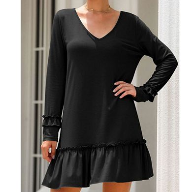 Women's Long Sleeve V Neck Ruffle Hem Mini Dress with Flowy Silhouette