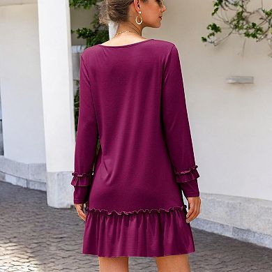 Women's Long Sleeve V Neck Ruffle Hem Mini Dress with Flowy Silhouette
