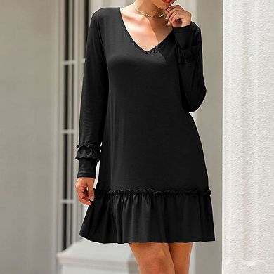Women's Long Sleeve V Neck Ruffle Hem Mini Dress with Flowy Silhouette