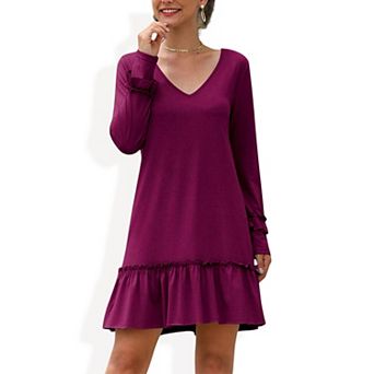 Women's Long Sleeve V Neck Ruffle Hem Mini Dress with Flowy Silhouette