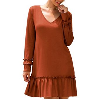 Women's Long Sleeve V Neck Ruffle Hem Mini Dress with Flowy Silhouette
