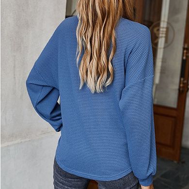 Women's Long Sleeve Waffle Knit Pullover Top with Shoulder Button Detail and Front Tie Hem