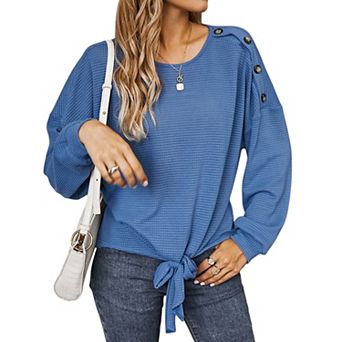 Women's Long Sleeve Waffle Knit Pullover Top with Shoulder Button Detail and Front Tie Hem