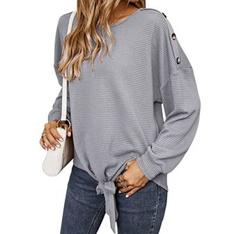 Women's Long Sleeve Waffle Knit Pullover Top with Shoulder Button Detail and Front Tie Hem