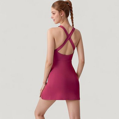 Women's Sleeveless Activewear Dress with High Neckline and Cross Back Straps