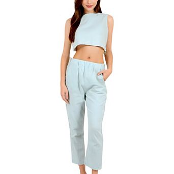 Women's Two-Piece Sleeveless Crop Top and Elastic Waist Tapered Pants Set with Pockets