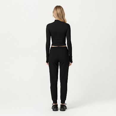 Women's High-Neck Cropped Long-Sleeve Top with Soft Textured Fabric