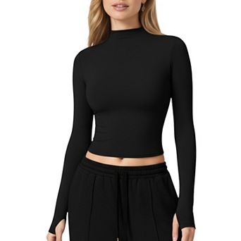 Women's High-Neck Cropped Long-Sleeve Top with Soft Textured Fabric