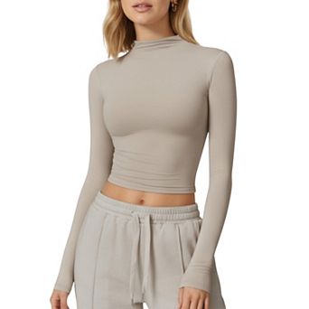 Women's High-Neck Cropped Long-Sleeve Top with Soft Textured Fabric
