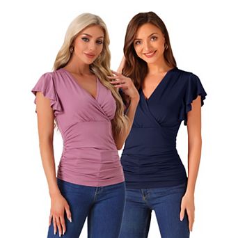 2 Packs Faux Wrap Blouse for Women Summer V-Neck Ruffle Sleeve Casual Top Blouse