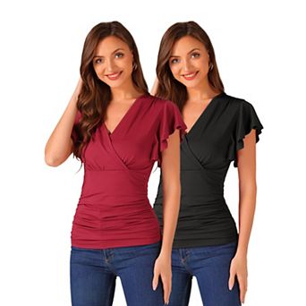 2 Packs Faux Wrap Blouse for Women Summer V-Neck Ruffle Sleeve Casual Top Blouse