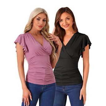 2 Packs Faux Wrap Blouse for Women Summer V-Neck Ruffle Sleeve Casual Top Blouse