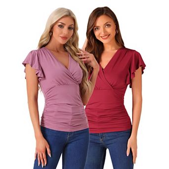 2 Packs Faux Wrap Blouse for Women Summer V-Neck Ruffle Sleeve Casual Top Blouse