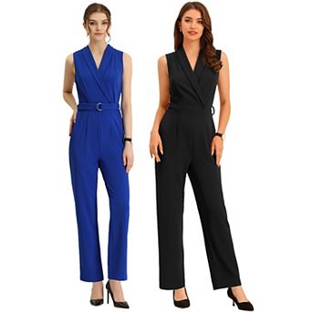 2 Packs Women's Sleeveless Shawl Collar Office Belted Cropped Jumpsuit Romper