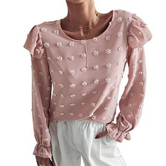 Women's Long Sleeve Textured Blouse with Raised Floral Details and Shoulder Ruffle Accents