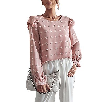 Women's Long Sleeve Textured Blouse with Raised Floral Details and Shoulder Ruffle Accents