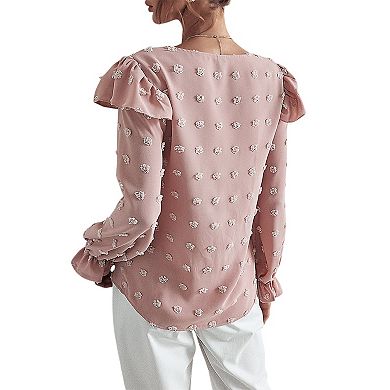 Women's Long Sleeve Textured Blouse with Raised Floral Details and Shoulder Ruffle Accents