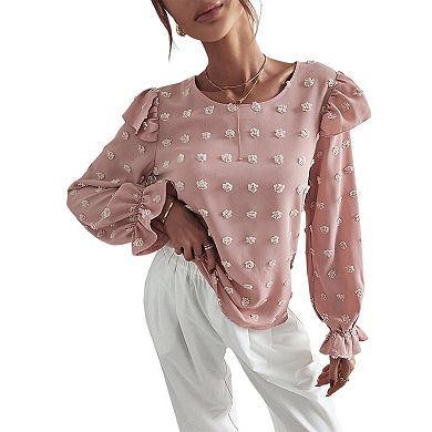 Women's Long Sleeve Textured Blouse with Raised Floral Details and Shoulder Ruffle Accents