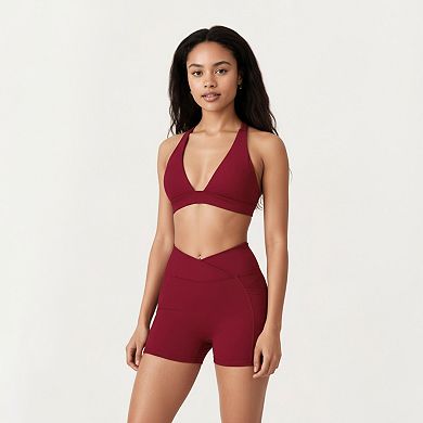 Women's V-Neck Halter Sports Bra with Wide Band and Supportive Stretch Fit