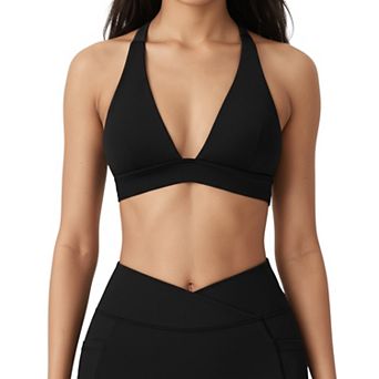 Women's V-Neck Halter Sports Bra with Wide Band and Supportive Stretch Fit