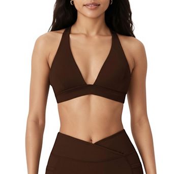 Women's V-Neck Halter Sports Bra with Wide Band and Supportive Stretch Fit