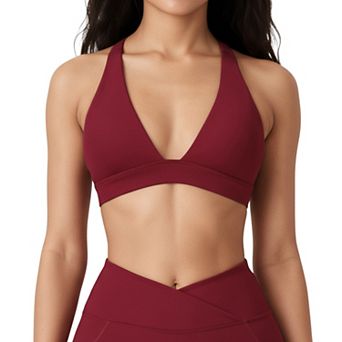Women's V-Neck Halter Sports Bra with Wide Band and Supportive Stretch Fit