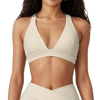 Women's V-Neck Halter Sports Bra with Wide Band and Supportive Stretch Fit