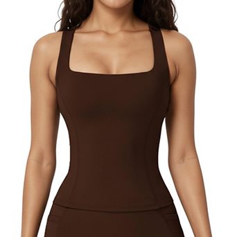 Women's Square Neck Sleeveless Fitted Active Tank Top with Seam Detailing