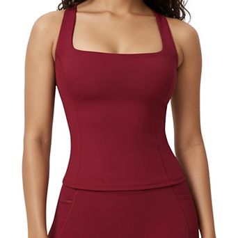 Women's Square Neck Sleeveless Fitted Active Tank Top with Seam Detailing