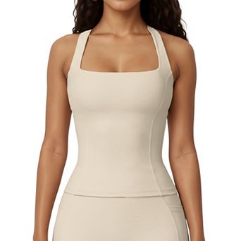 Women's Square Neck Sleeveless Fitted Active Tank Top with Seam Detailing